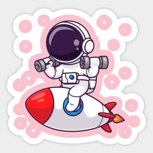 Cute Astronaut Lifting Dumbbell On Rocket Cartoon Sticker